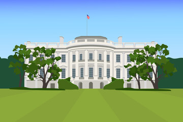 Vector graphics of the South side of the facade White house Washington DC. Realistic illustration of a backyard.