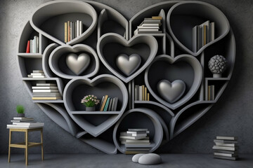 3d wallpaper bookcases in the shape of hearts and a grey background