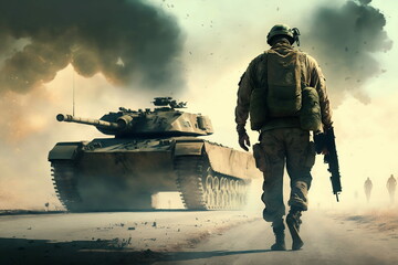 militaire de dos marchant vers un tank, des fumée d'explosion en arrière plan, généré par IA - obrazy, fototapety, plakaty