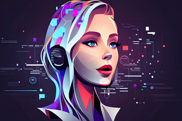 Virtual assistant voice recognition service technology. AI artificial intelligence robot support. Chatbot beautiful female face low poly vector illustration