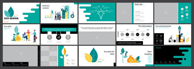 Eco-design City business. Presentation powerpoint template, geometric shapes background, green and black elements.Teamwork, businessman, nature and trees.Use in flyers webinar pages.Vector infographic