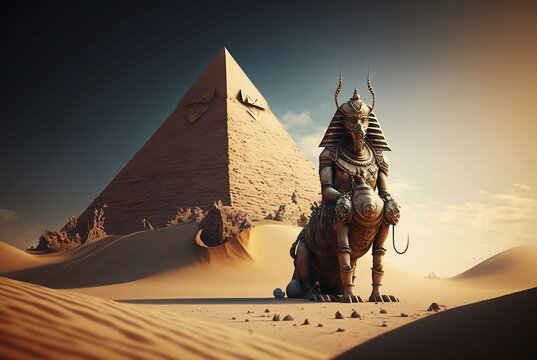 majestic egyptian god with pyramids on background in desert