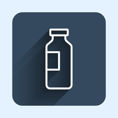 White line Bottle of water icon isolated with long shadow background. Soda aqua drink sign. Blue square button. Vector