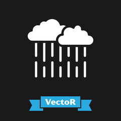 White Cloud with rain icon isolated on black background. Rain cloud precipitation with rain drops. Vector