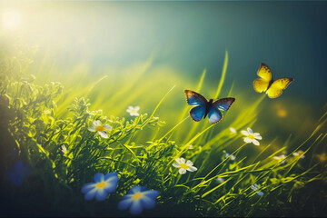 Butterfly on purple white violet red flowers in field of grass in sunlight, lens flare. Spring summer fresh artistic image of beauty morning nature. Selective soft focus.