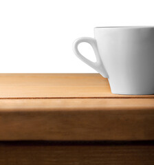 White coffee cup on a wooden deck
