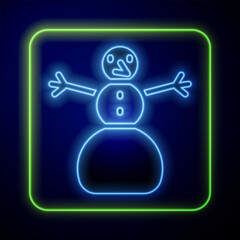Glowing neon Christmas snowman icon isolated on blue background. Merry Christmas and Happy New Year. Vector