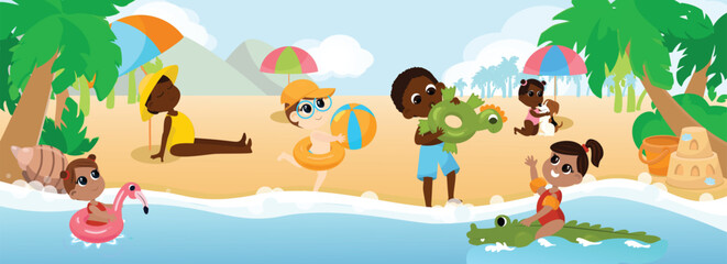A multicultural group of children play on the beach, frolic with a dog, swim in inflatable rings and inflatable armlets and inflate a swim ring. Children are happy and cheerful.