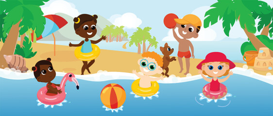 On the tropical shore, a multicultural group of children have fun and play and swim in swimming circles. Horizontal banner in cartoon style.