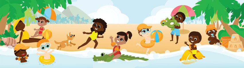 Obraz na płótnie Canvas A multicultural group of children play on the seashore, swim in inflatable circles, play ball, with a dog, a girl swims on an inflatable rubber crocodile. Horizontal banner in cartoon style.