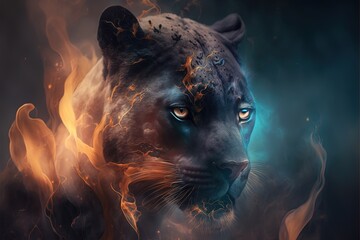  a black tiger with blue eyes surrounded by fire and smoke on a dark background with a blue light coming out of its eyes and a glowing tail.  generative ai - obrazy, fototapety, plakaty