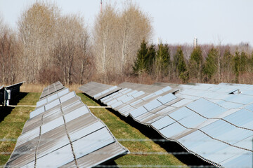 Many solar panels in a row in a large solar panel field for renewable energy.