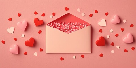 Fototapeta na wymiar Valentine's day greeting card concept. Envelope over pink background with heart shape confetti. Generative AI illustration