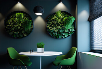 Interior, table and two green chairs, plants hanging on wall. Generative AI