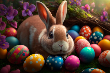 Fototapeta na wymiar A cute easter bunny with lots of eggs Around 