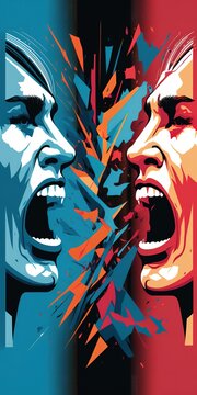 Abstract Illustration Of Two People In Opposite Side, Screaming At Each Other. Generative AI Vertical Illustration