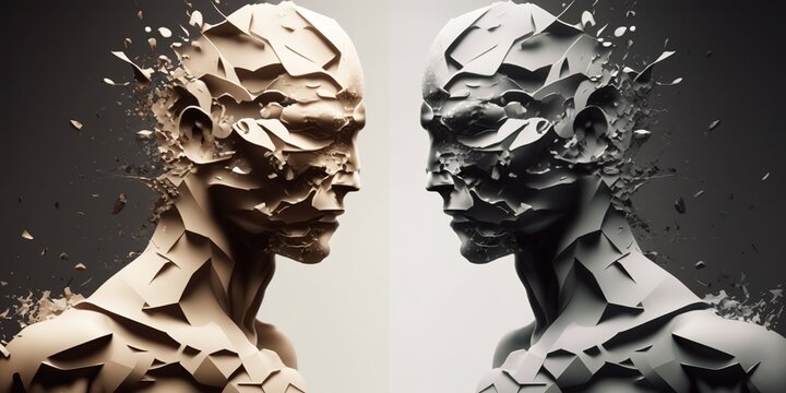 Abstract 3D render of two people against each other. Opposition, debate concept. Generative AI illustration