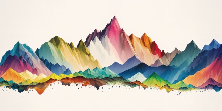 Multi colored painting style mountains over white background. Generative AI illustration banner