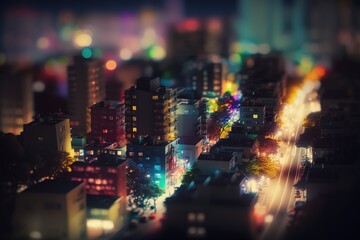 Miniature architectural mock up of colorful city lights. blurred defocused 3D rendering style. Generative AI illustration