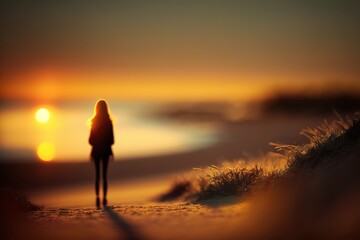 Woman looking the sunset by the blurred defocused beach. Tiny architectural mock up style. Generative AI illustration