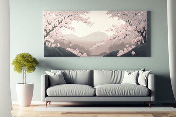 Dreamy cherry blossoms as a backdrop with a natural border, studio, panorama format. Generative AI