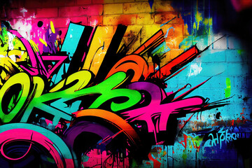 Wild colorful abstract graffiti sprayed on brick wall (Generative AI) - obrazy, fototapety, plakaty