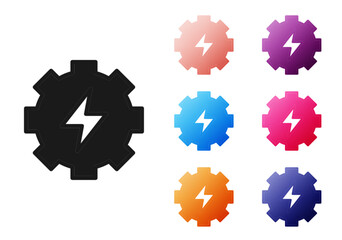 Black Gear and lightning icon isolated on white background. Electric power. Lightning bolt sign. Set icons colorful. Vector