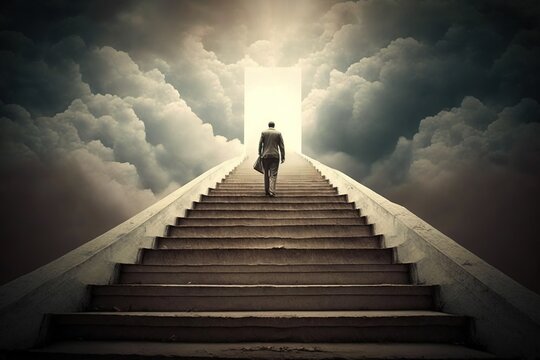  a man walking up a flight of stairs towards an open door in the sky with clouds and light coming from behind him, with a man in a suit and tie.  generative ai