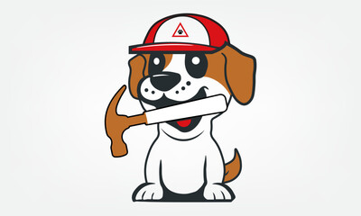 dog with construction hat and hammer in mouth like a bone