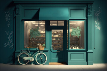Fototapeta na wymiar Mockup of a storefront with a decorative bicycle theme. Generative AI