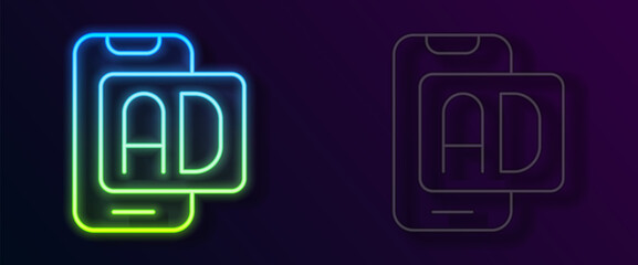 Glowing neon line Advertising icon isolated on black background. Concept of marketing and promotion process. Responsive ads. Social media advertising. Vector