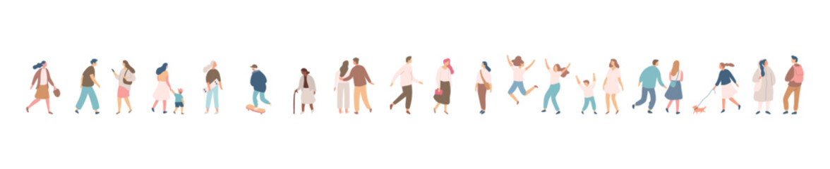 Fototapeta premium People silhouette crowd. Background people vector horizontal banner. Men and women, parents, kids walking outdoor