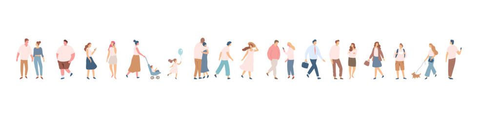 Obraz premium People silhouette crowd. Background people vector horizontal banner. Men and women, parents, kids walking outdoor