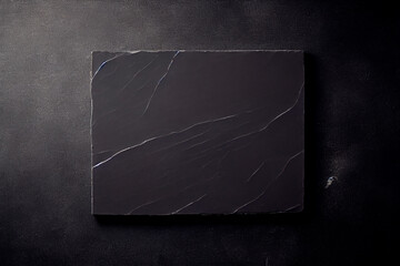 Black slate board on a dark stone texture. Empty space for the menu. The concept of a culinary recipe. The ability to copy. Flat panoramic layout, panoramic view from above.