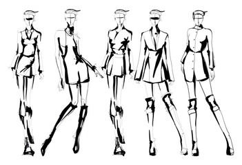Set of young beautiful women in stylish clothes. Sale concept. Hand-drawn fashion illustration. Fashion sketch. - 568111986