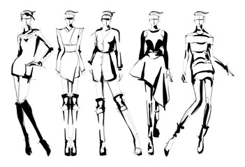 Set of young beautiful women in stylish clothes. Sale concept. Hand-drawn fashion illustration. Fashion sketch.