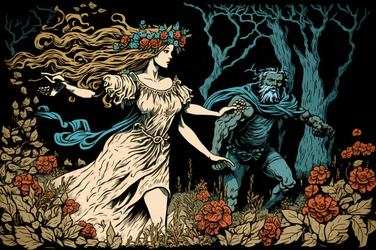 the myth of the Rape of Persephone from Greek mythology. The image shows the god of the underworld, Hades, kidnapping Persephone, the daughter of Demeter. Generative AI,
