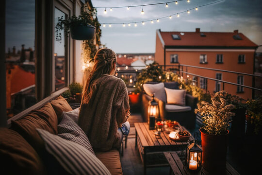 woman sitting on her cosy balcony with fairy lights in the evening light and looks at the city, generative ai