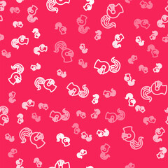 White line Medieval iron helmet for head protection icon isolated seamless pattern on red background. Knight helmet. Vector