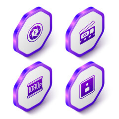Set Isometric Camera shutter, Movie clapper, Full HD 1080p and Play Video icon. Purple hexagon button. Vector
