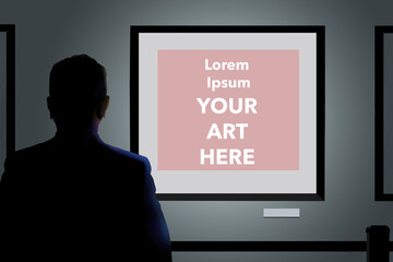 This is a 3-d illustration about art in art galleries and museum showing a man looking at a frame that can be used with any art pasted into the image. 