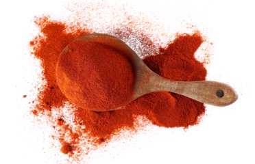 Foto op Plexiglas Red paprika, cayenne pepper powder in wooden spoon pile isolated on white, top view  © dule964