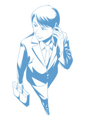 イケメンビジネスマン：携帯を持つ男性, 線画バージョン(ブルー)