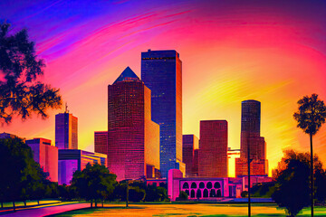 Houston Texas modern skyline at sunset twilight on park