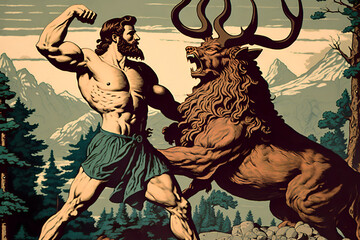 Hercules capturing the Stag of Ceryneia, the fourth of his twelve labors. Hercules is shown holding onto the stag's antlers, as the stag tries to escape. Generative AI. - obrazy, fototapety, plakaty