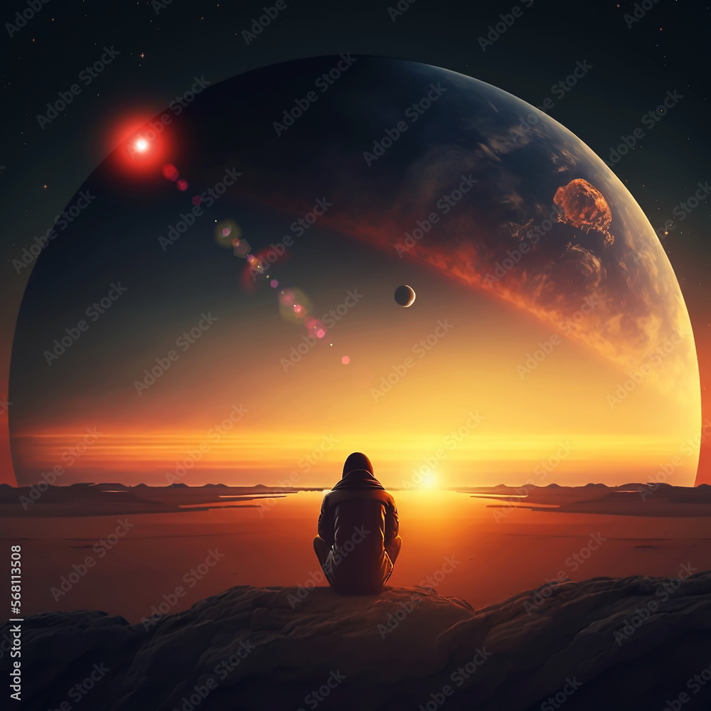 Wall mural earth and moon on sunset , night alien planet space starry sky flares cosmic fantastic background ge