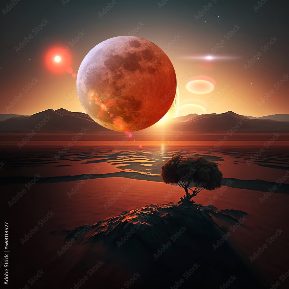 Wall mural earth and moon on sunset , night alien planet space starry sky flares cosmic fantastic background ge