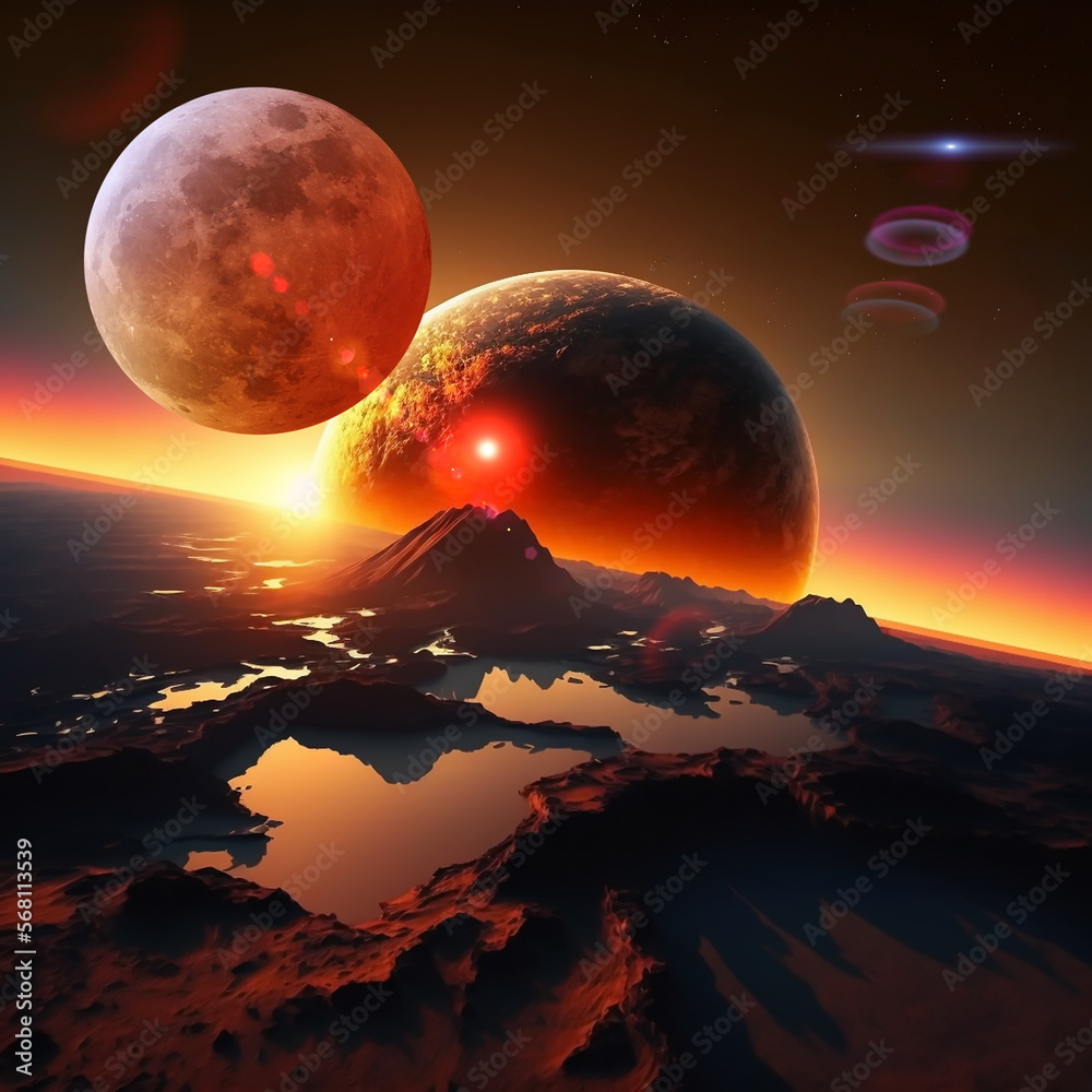Wall mural earth and moon on sunset , night alien planet space starry sky flares cosmic fantastic background ge