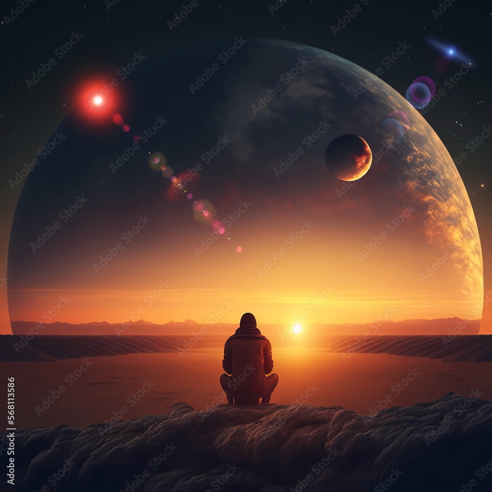 Wall mural earth and moon on sunset , night alien planet space starry sky flares cosmic fantastic background ge