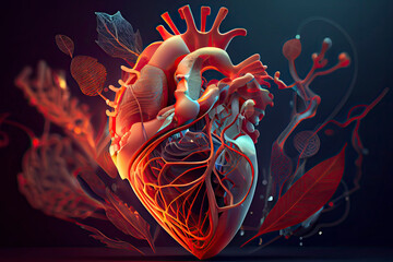 Human heart anatomy with dna abstract background. 3d illustration